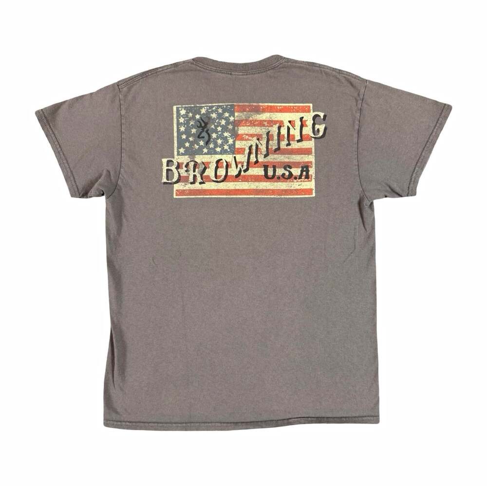 Browning Gray Crew Neck Short Sleeve T-Shirt USA Flag Graphic Logo Mens Size M